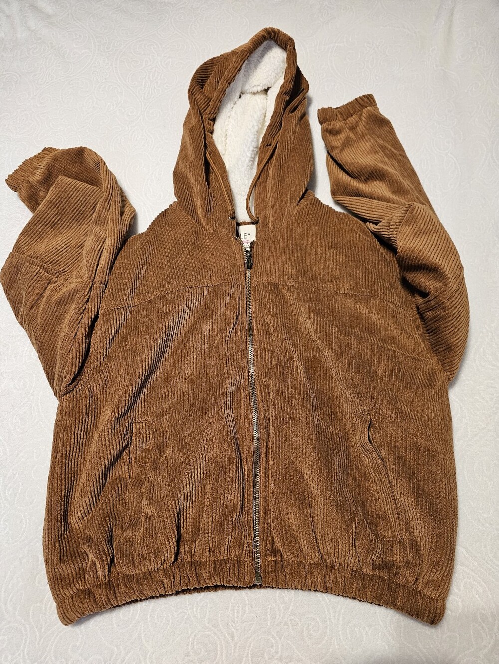 Ashley Sunrise Collection Womens Medium Brown Corduroy Sherpa Hooded Jacket Coat